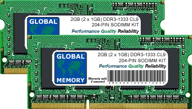 2GB (2 x 1GB) DDR3 1333MHz PC3-10600 204-PIN SODIMM MEMORY RAM KIT FOR ADVENT LAPTOPS/NOTEBOOKS